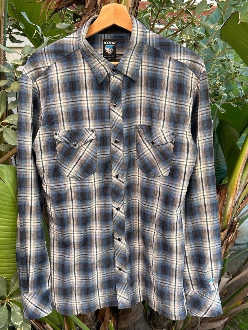 Kuhl Lowdown Plaid Pearl Snap Western Shirt Large Blue Gray Cotton